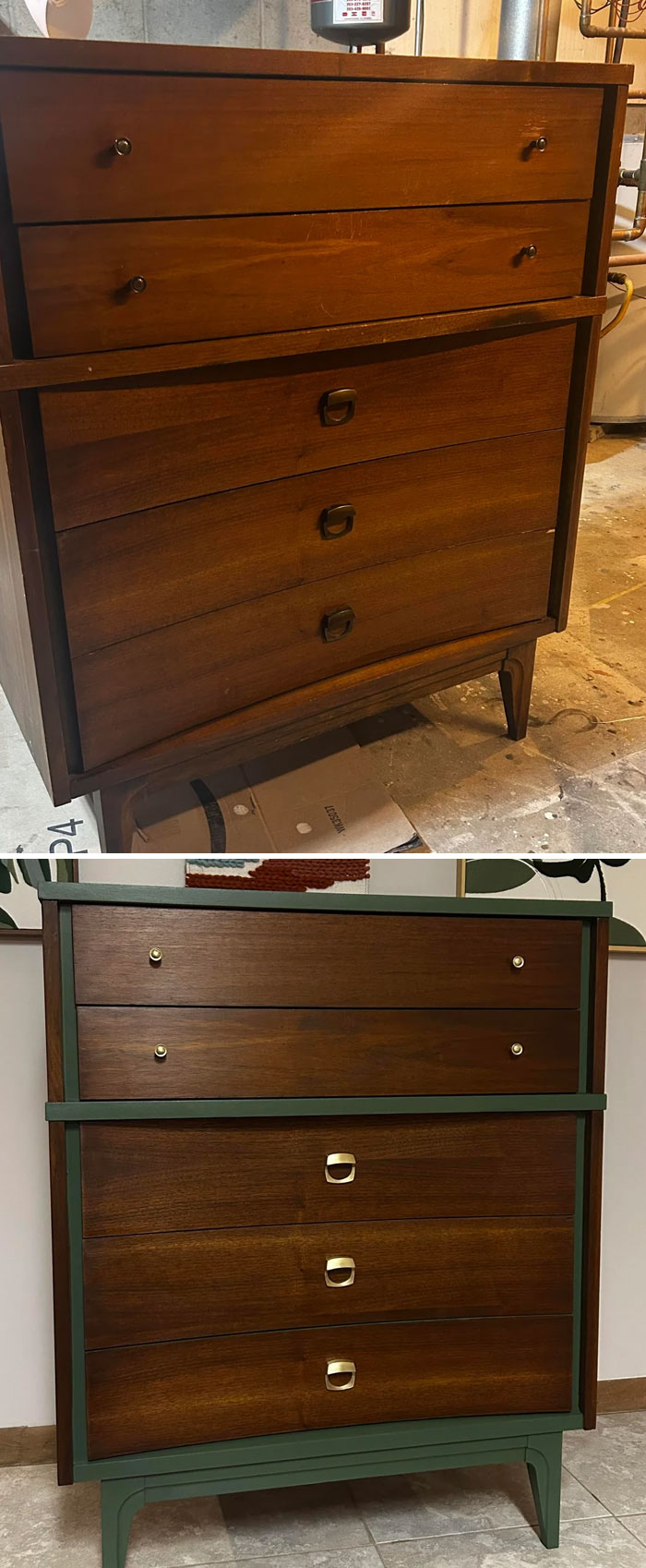 Before and after photos of furniture flipping showcasing a mid-century modern dresser restoration with green accents and new hardware.