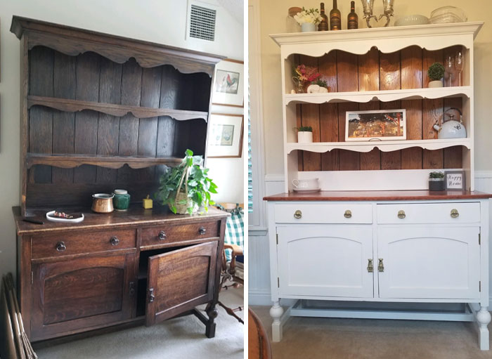 Before and after images of furniture flipping pros transforming a wooden cabinet with white paint and decorative items.