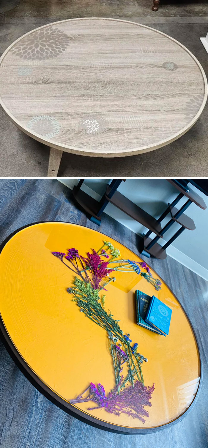 Round wooden table before and after furniture flipping with a bright yellow resin top and colorful dried flowers inside.