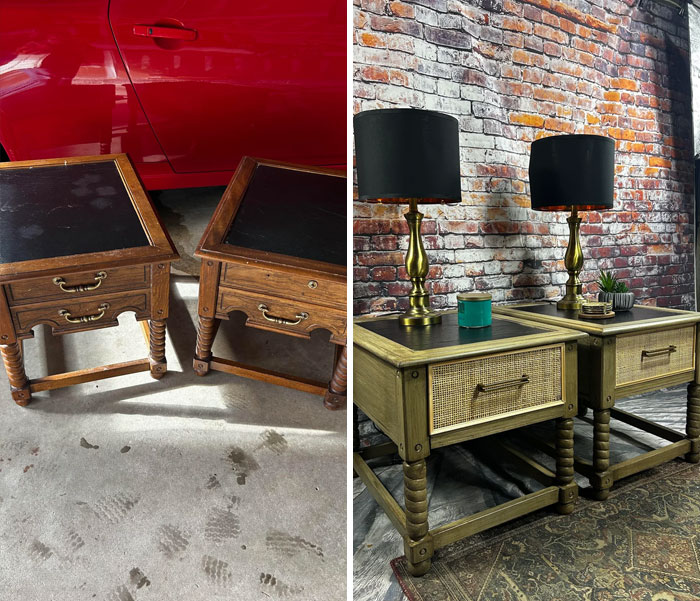 Before and after furniture flipping project showing vintage wooden tables transformed by furniture flipping pros with modern touches.