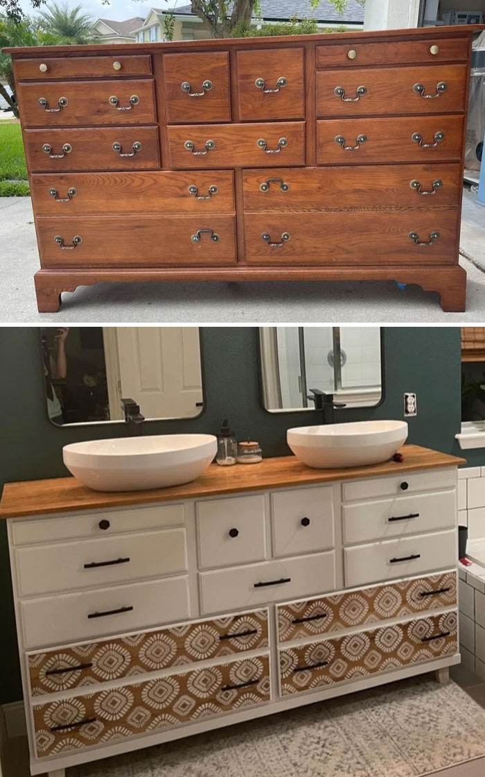 Before and after furniture flipping transformation of a wooden dresser turned into a stylish bathroom vanity.