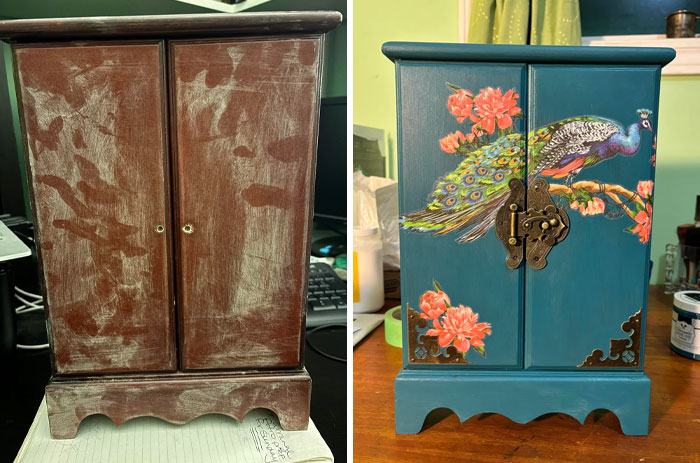 Before and after of furniture flipping showing a wooden cabinet transformed with peacock and floral painting details.