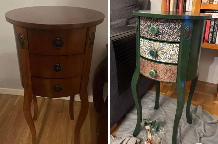 Round wooden side table before and after a creative furniture flipping project with painted floral drawer fronts and green finish.
