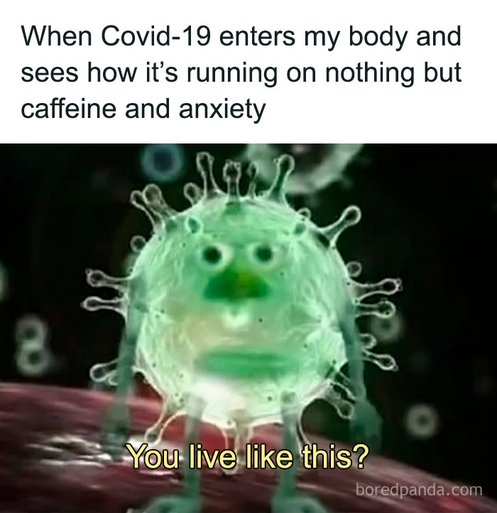 Cartoon virus with a confused face captioned about living with caffeine and anxiety, referencing social anxiety memes.