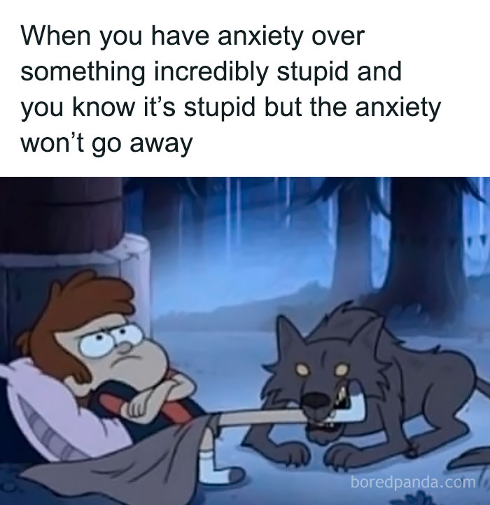 Cartoon character lying in bed looking anxious with a wolf biting their foot, illustrating social anxiety memes.
