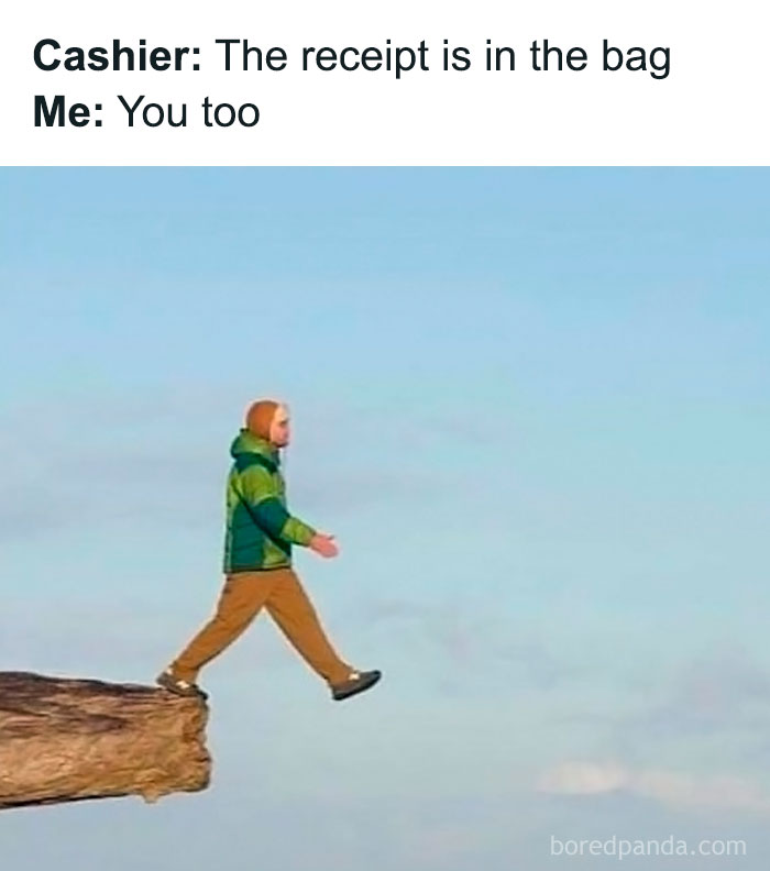 Person walking off cliff edge with text joke, relatable social anxiety memes about awkward everyday moments.