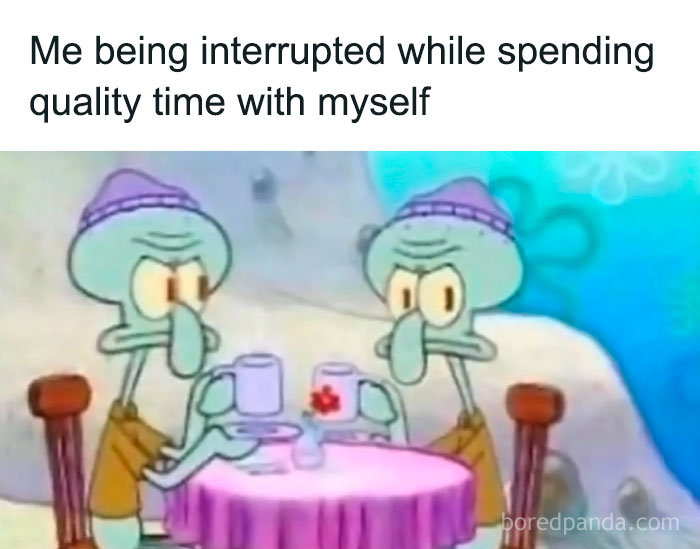 Squidward character looking annoyed while sitting at a table having tea alone, illustrating social anxiety memes.
