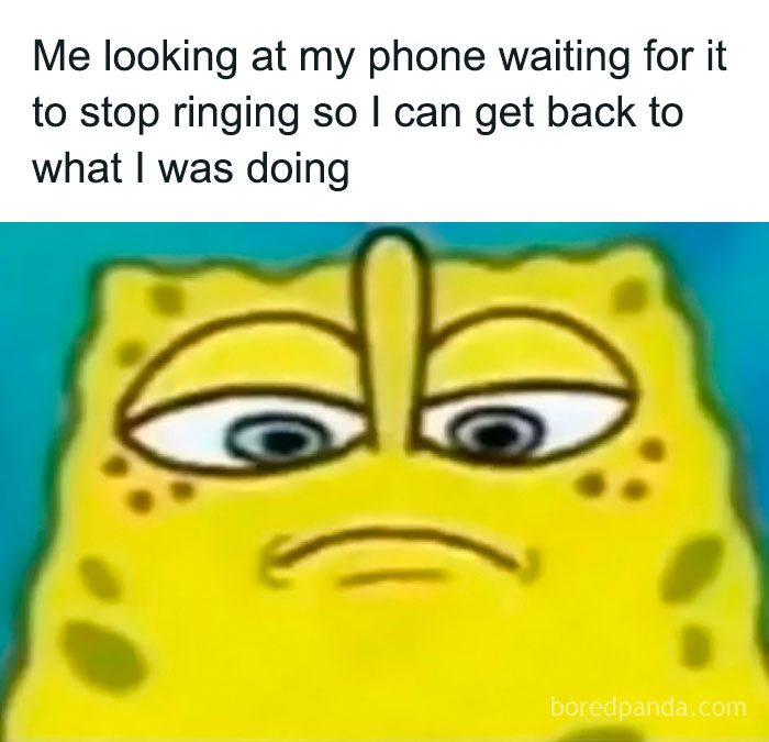 Close-up of a sad SpongeBob meme illustrating social anxiety memes about avoiding phone calls and staying in.