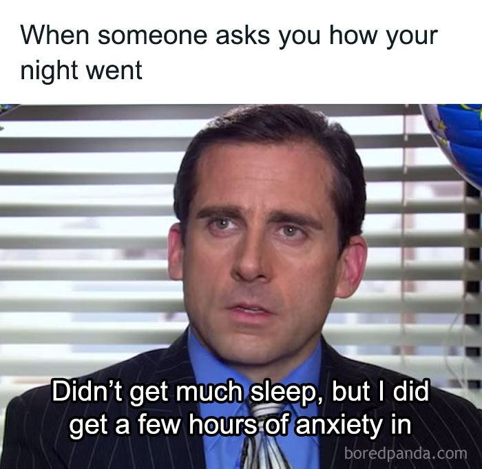 Male character from TV show looking tired, caption about anxiety and lack of sleep, related to social anxiety memes.