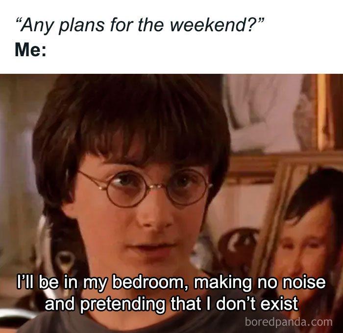 Young person with glasses responding to plans by saying they’ll stay in their bedroom, reflecting social anxiety memes humor.