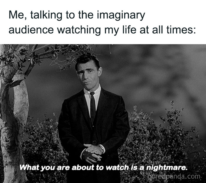 Black and white meme with a man in a suit and text about social anxiety memes and imaginary audience fears.