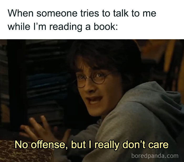 Meme showing a person with glasses reacting to someone interrupting them while reading, related to social anxiety memes.
