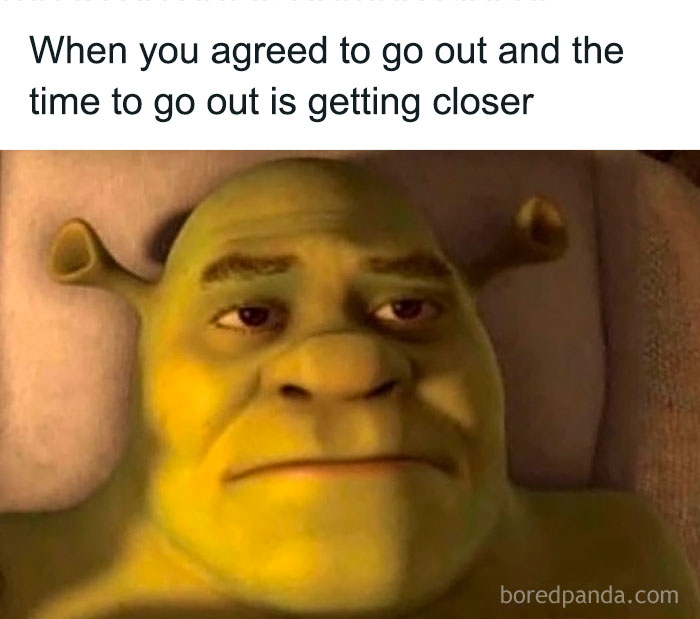 Image of Shrek lying in bed with a tired expression, representing social anxiety memes about not wanting to go out.