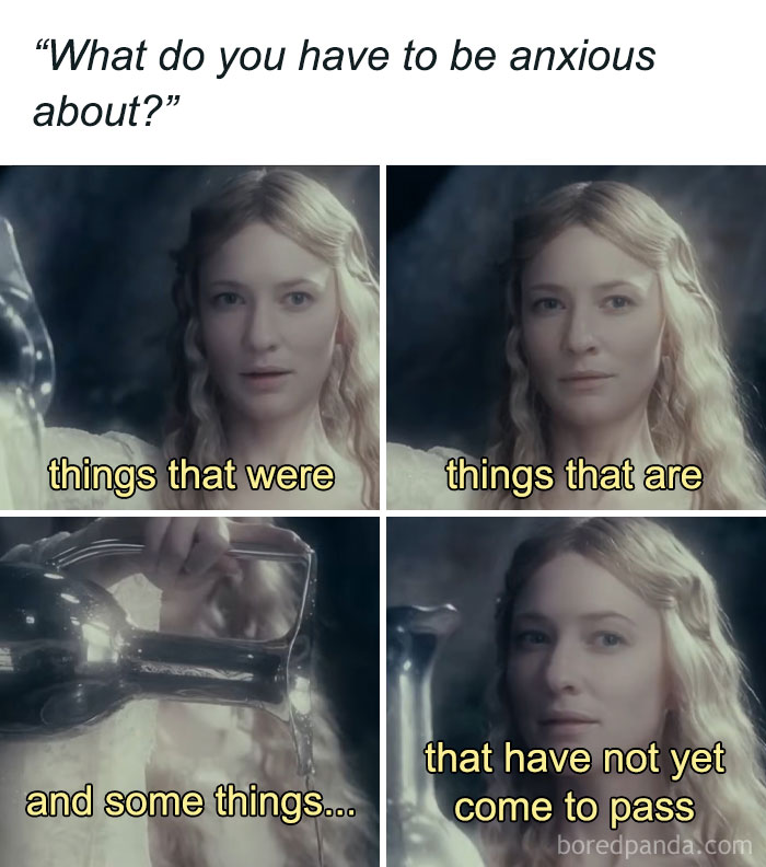 Woman in a four-panel social anxiety meme reflecting on past, present, and future worries with a glass of water.