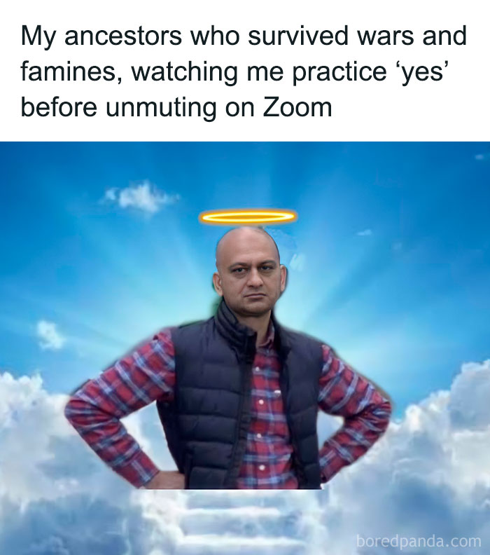 Man with halo edited above his head, standing with hands on hips in clouds, relating to social anxiety memes.