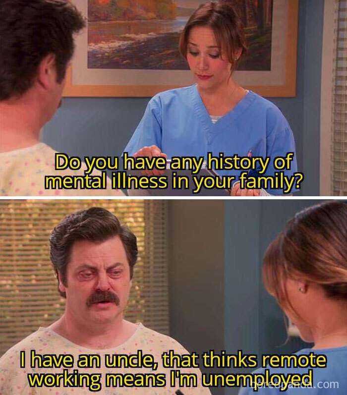 Man and woman in a funny work from home meme about mental illness and misconceptions of remote working status.
