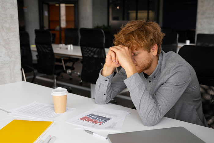 Frustrated worker overwhelmed at desk, stressed and upset after being labeled a snitch for complaining to HR. Frustrated worker overwhelmed at desk, stressed and upset after being labeled a snitch for complaining to HR.