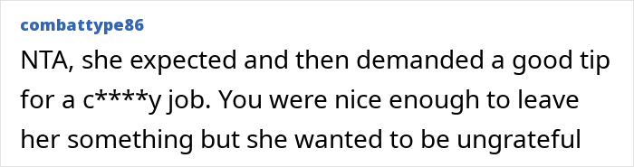 Screenshot of an online comment about a man taking back his tip after a waitress shamed him for tipping low.