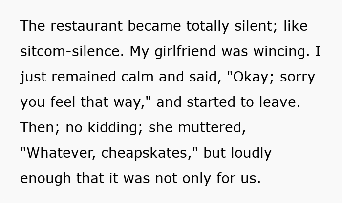 Alt text: Man takes back his tip after waitress loudly shames him, causing silence in the restaurant and awkward tension.