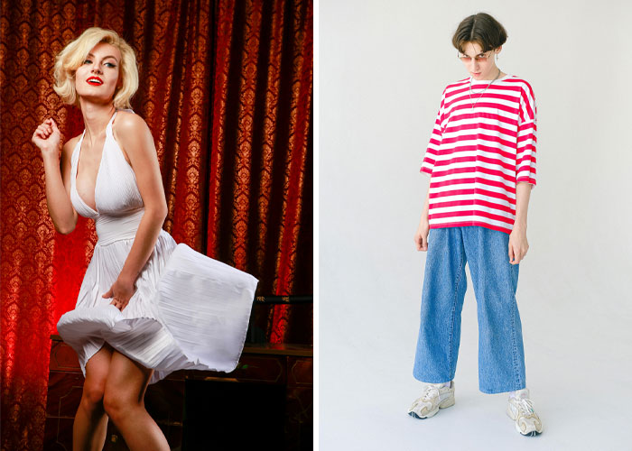 Two creative rhyme without reason costume ideas featuring classic vintage and casual modern styles for party winning looks.
