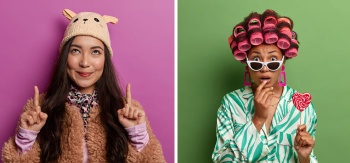 Two women dressed in creative rhyme without reason costume ideas posing against colorful backgrounds.