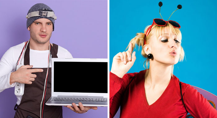 Man in quirky tech-themed costume holding laptop and woman in playful, colorful costume posing for rhyme without reason costume ideas.