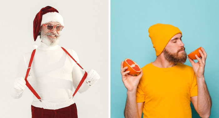Man in a Santa costume with red suspenders and man in yellow outfit holding grapefruit for rhyme without reason costume ideas.
