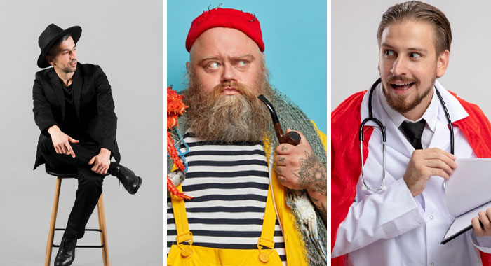 Three men in creative rhyme without reason costume ideas including a black suit, sailor outfit, and doctor with red cape party looks.