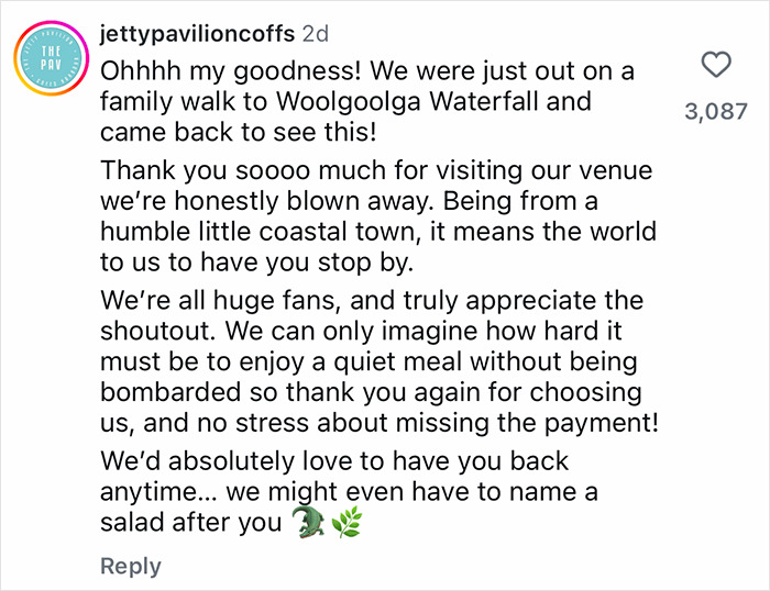 Comment from Jetty Pavilion restaurant thanking Robert Irwin for visiting despite dining and dashing at popular Australian venue.