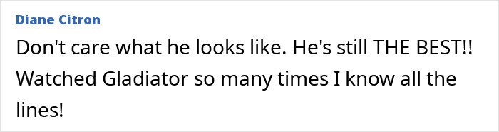 Fan comment praising Russell Crowe’s acting, expressing admiration despite his appearance changes and referencing Gladiator movie lines. Fan comment praising Russell Crowe’s acting, expressing admiration despite his appearance changes and referencing Gladiator movie lines.
