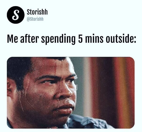 Man sweating heavily after spending five minutes outside, illustrating funny summer memes about being outside.