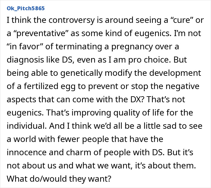 Text excerpt discussing ethical concerns around gene editing as a potential cure for Down Syndrome.