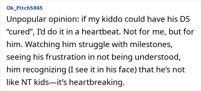 Comment expressing support for gene editing as a potential cure for Down Syndrome, noting struggles with milestones.