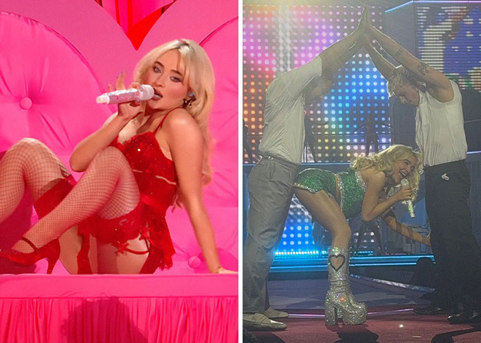 Performer in provocative red outfit and singer in glittery boots simulate raunchy moves during live show performance.
