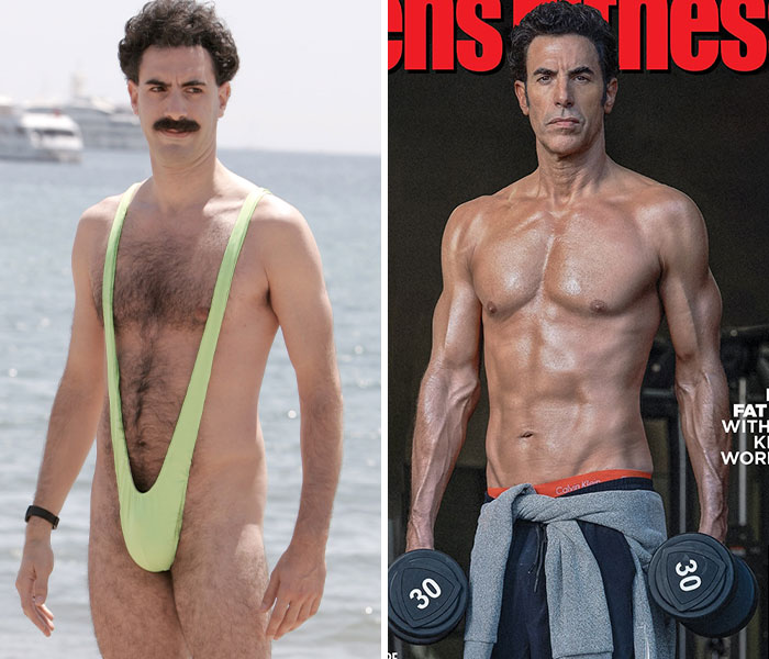 Sacha Baron Cohen showing a dramatic ripped transformation, highlighting his muscular physique and fitness progress.