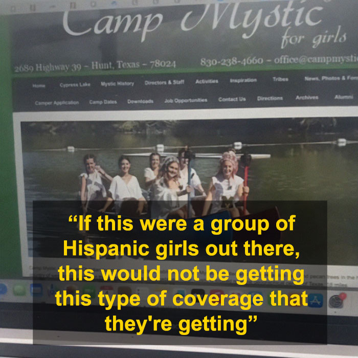 Screenshot of Camp Mystic website showing a quote about flood-stricken camp Mystic and racial coverage outrage.