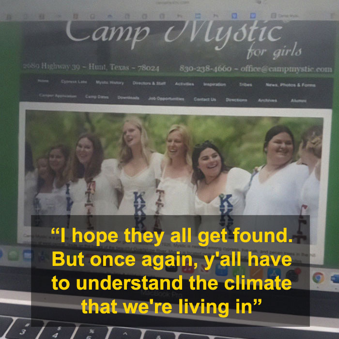 Alt text: Camp Mystic website with a group of smiling women in white dresses, related to flood-stricken camp controversy.
