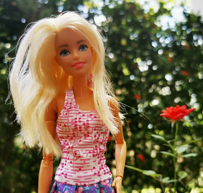 Blonde doll wearing patterned tank top outdoors with blurred greenery and red flowers in the background, showcasing found items theme.