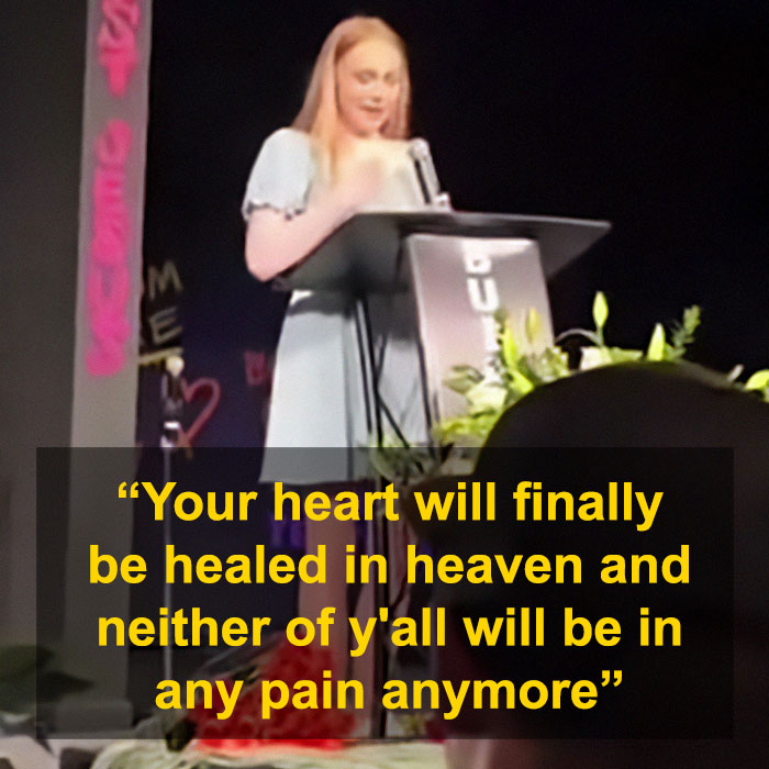 Teen girl delivers eulogy that made cops suspect she slayed her own parents in their sleep at a memorial event.