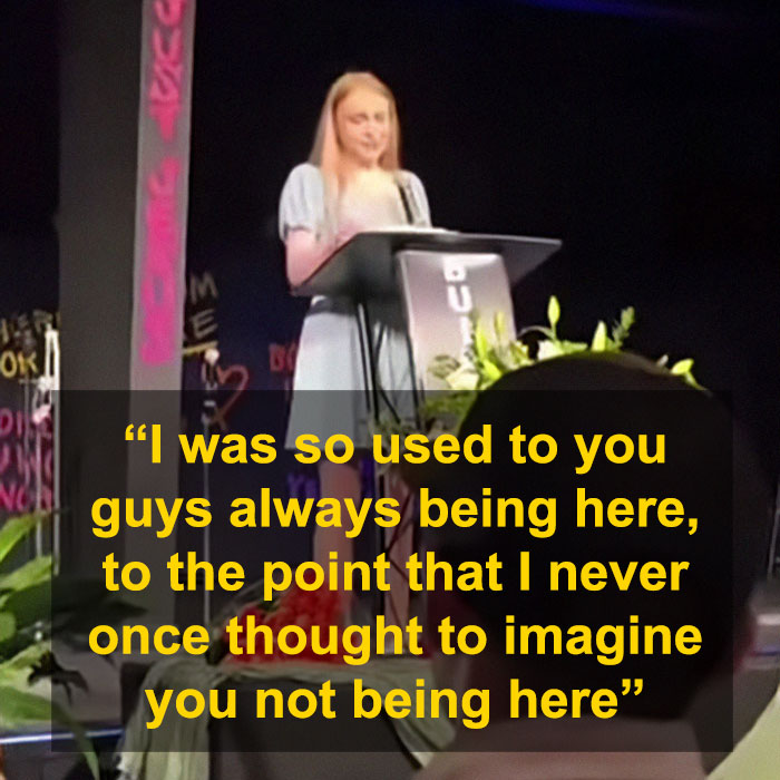 Teen girl delivering a chilling eulogy that led cops to suspect she slayed her own parents in their sleep.