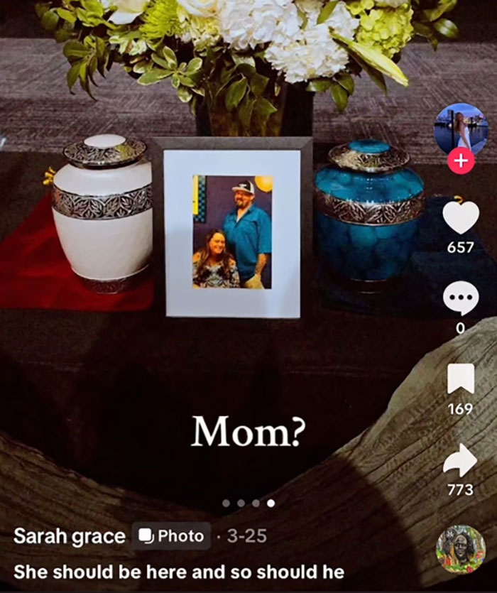 Two urns and a framed photo of a couple with flowers, related to chilling eulogy and suspicion in a murder case.