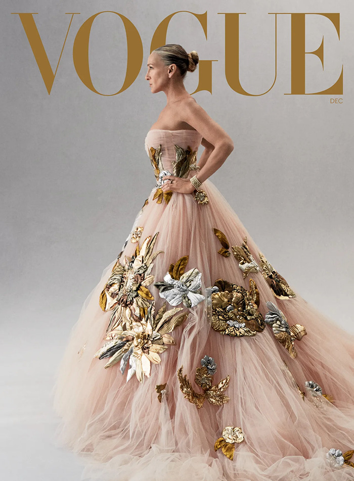 Sarah Jessica Parker posing in an embellished floral gown on the Vogue cover for December issue.