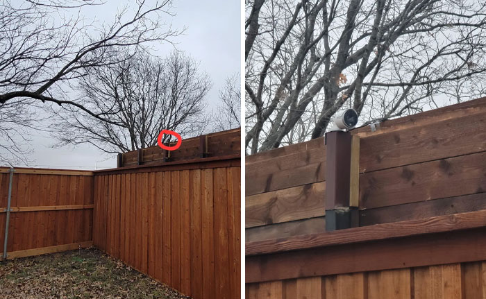 Surveillance camera mounted on a tall wooden fence with bare trees in the background, suggesting neighbor tales in the woods.