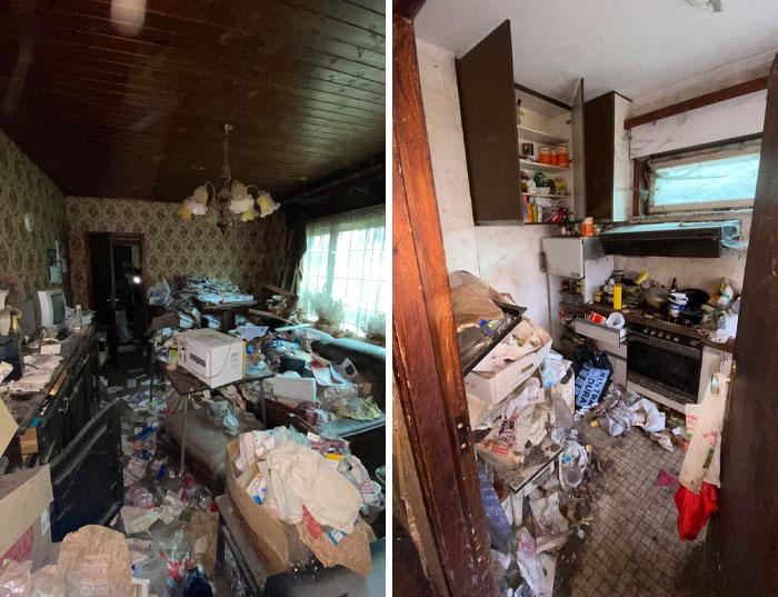 Cluttered and messy living room and kitchen filled with trash and disorganized items in a neglected home setting.