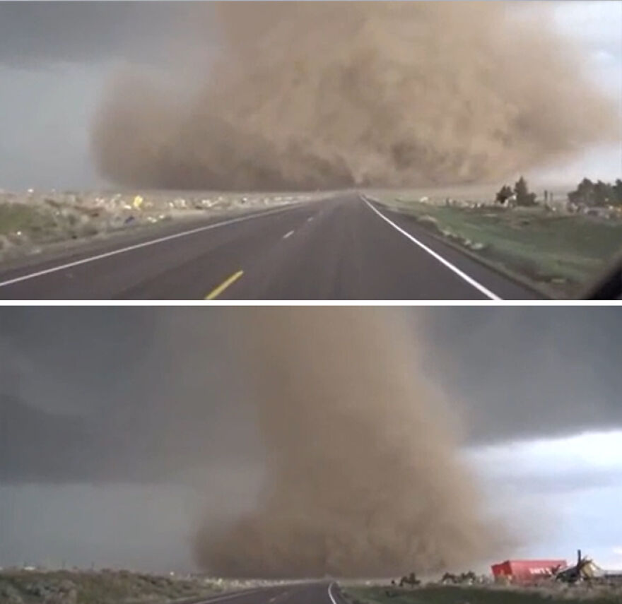 Massive dust storm approaching a deserted highway, showcasing a powerful and scary natural phenomenon in action.