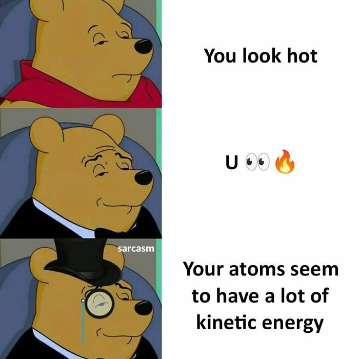 Funny meme with Winnie the Pooh explaining science humor using kinetic energy and atom references.