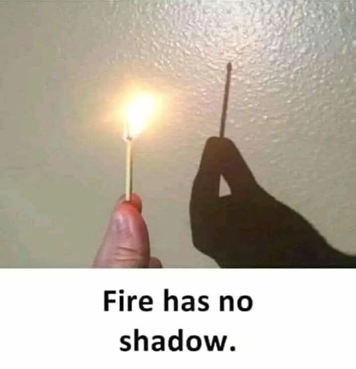 Hand holding lit match casting shadow of unlit match, illustrating science meme about fire having no shadow.
