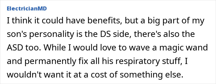 Comment from ElectricianMD discussing potential benefits and concerns about gene editing for Down Syndrome treatment and personality changes.