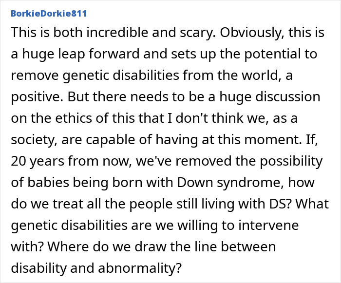 Comment discussing the ethical concerns and impact of curing Down syndrome with gene editing technology.