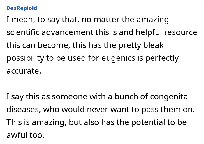 Comment discussing the potential and ethical concerns of gene editing as a cure for Down Syndrome.